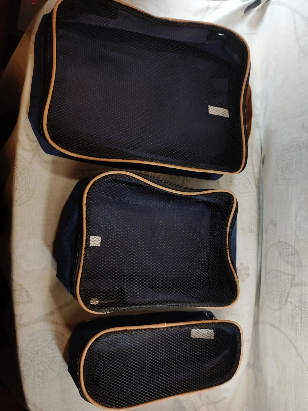 3pc Navy Blue Travel Organizer Cubes Bags with Tan Trim